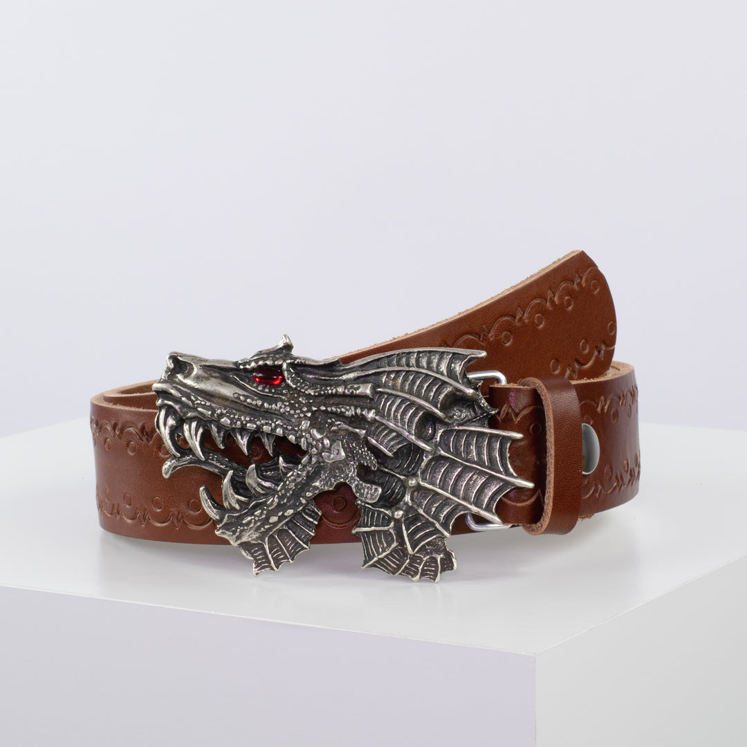 Ledergürtel 4cm mit Schnalle Drache cognac Lochwelle