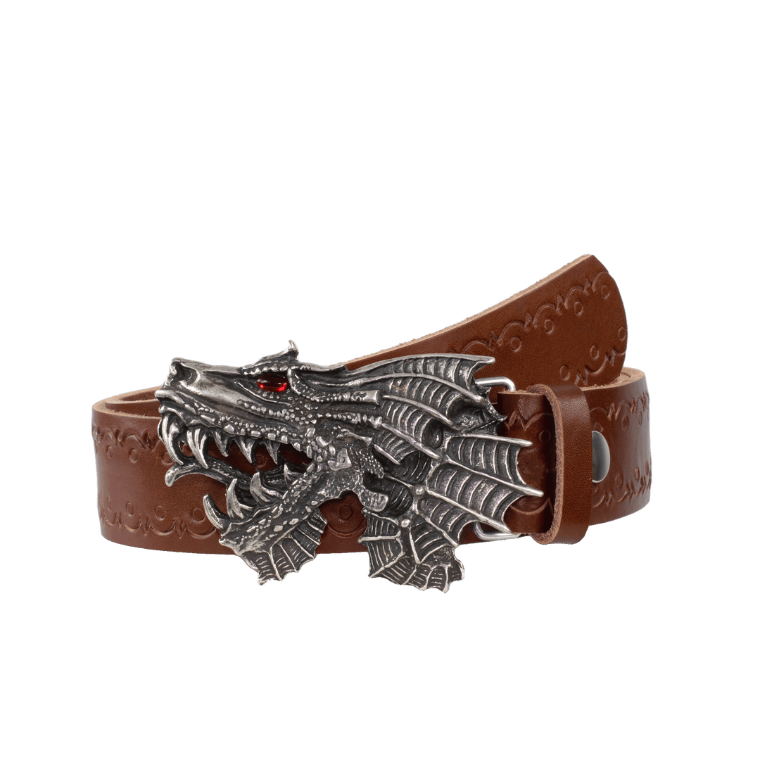 Ledergürtel 4cm mit Schnalle Drache cognac Lochwelle