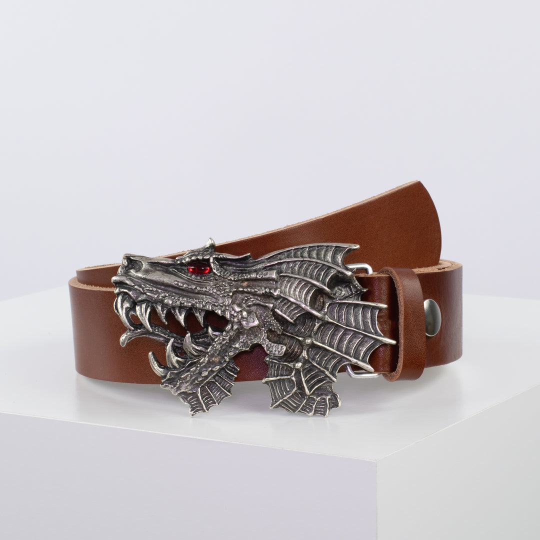 Ledergürtel 4cm mit Schnalle Drache cognac ohne Muster