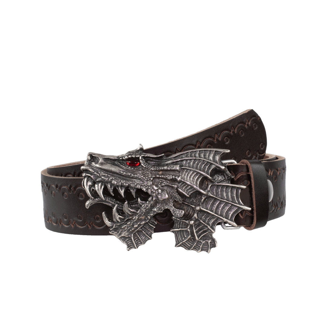 Ledergürtel 4cm mit Schnalle Drache dunkelbraun Lochwelle