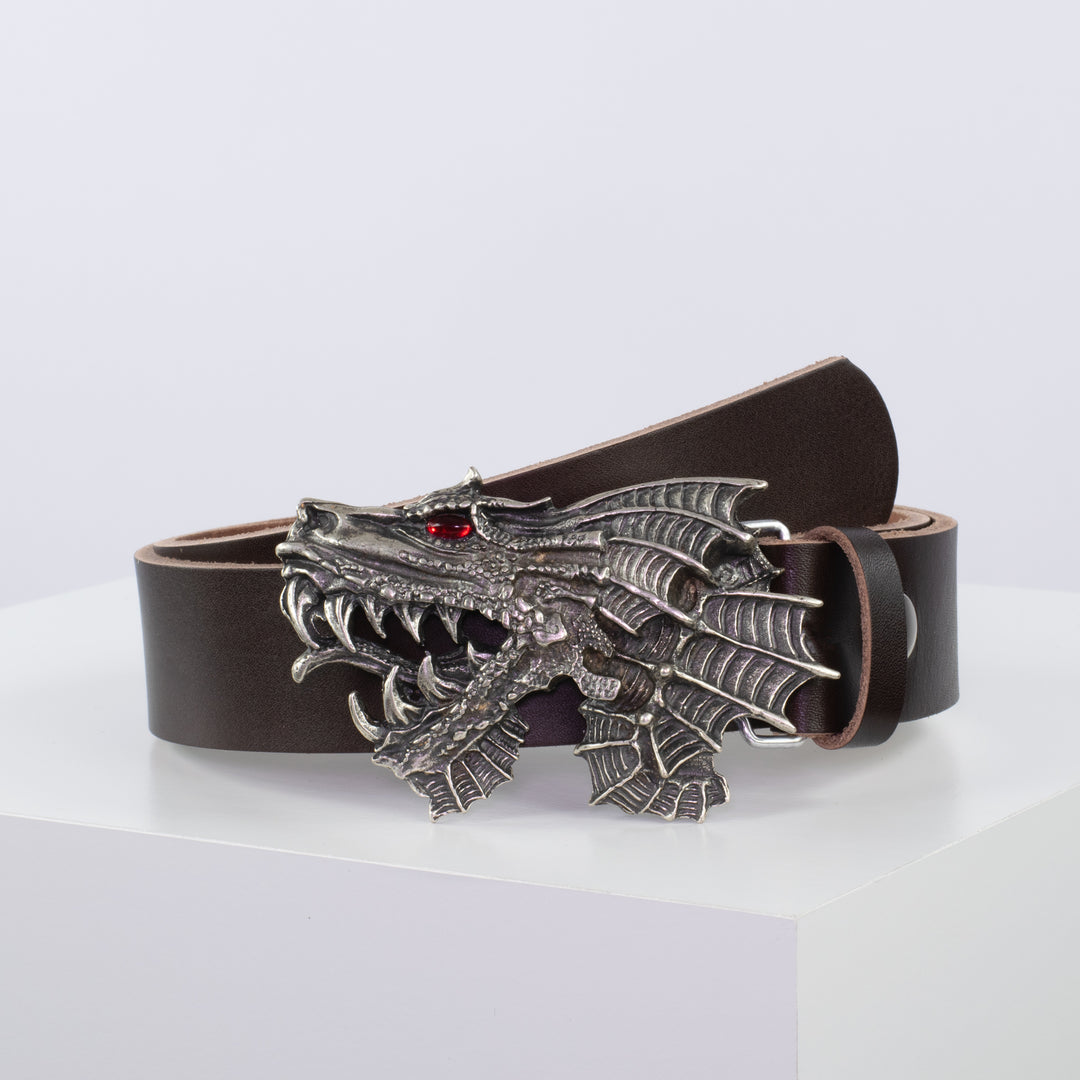 Ledergürtel 4cm mit Schnalle Drache dunkelbraun ohne Muster
