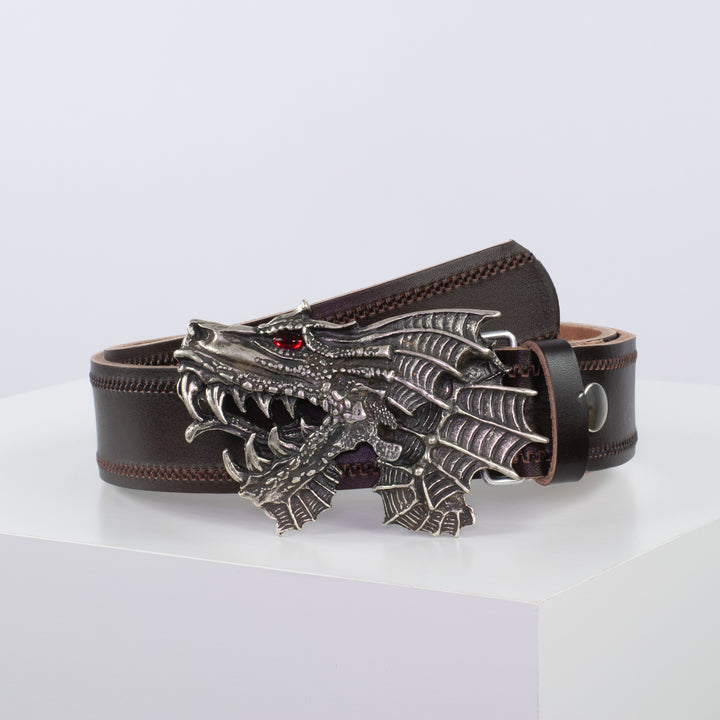 Ledergürtel 4cm mit Schnalle Drache dunkelbraun Reißverschluss