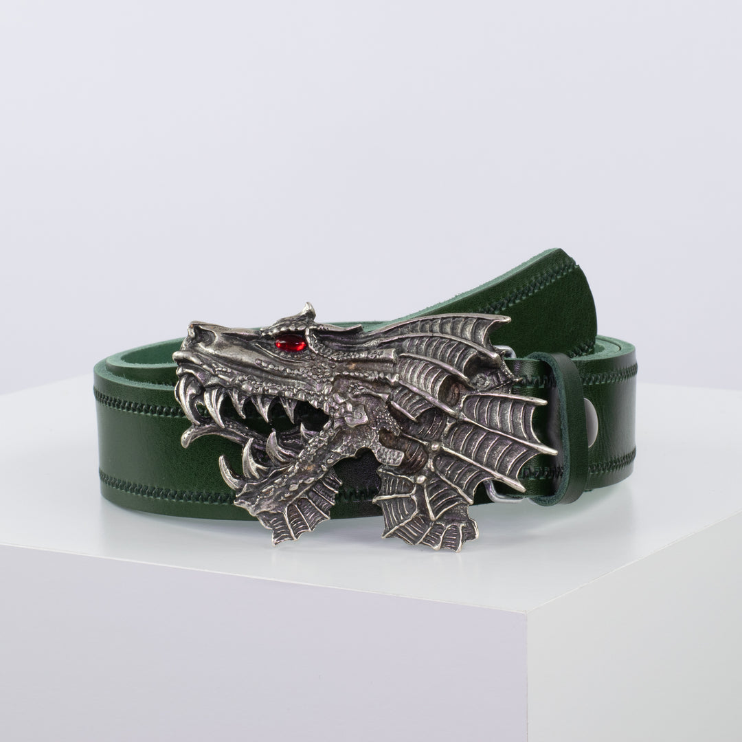 Ledergürtel 4cm mit Schnalle Drache grün Reißverschluss