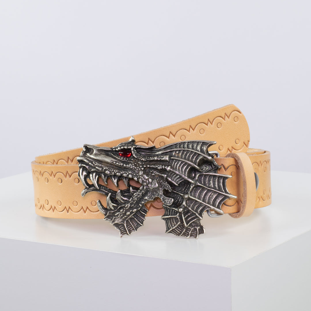 Ledergürtel 4cm mit Schnalle Drache natur Lochwelle