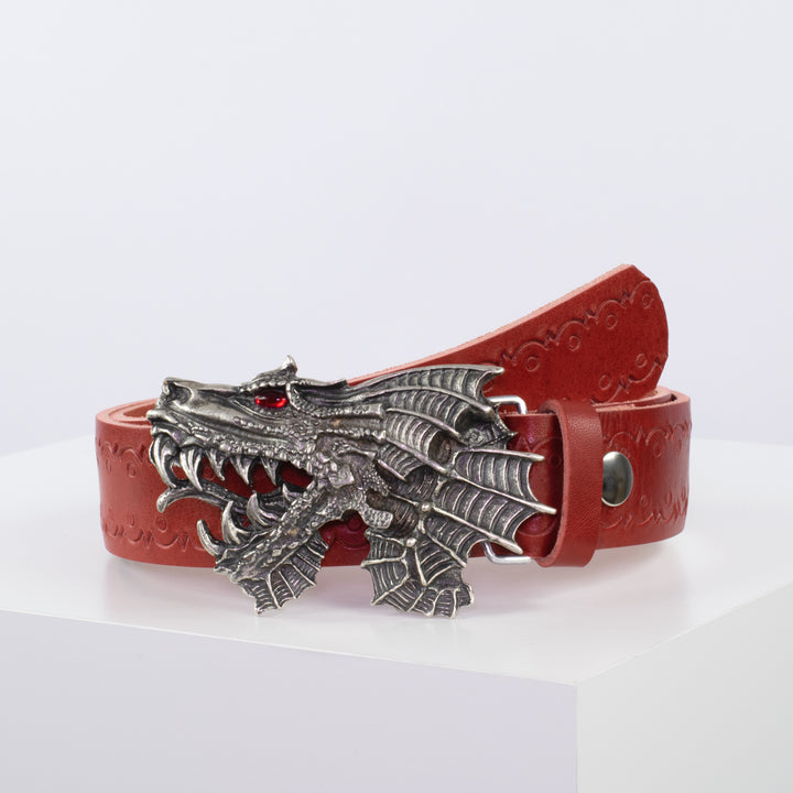 Ledergürtel 4cm mit Schnalle Drache rot Lochwelle