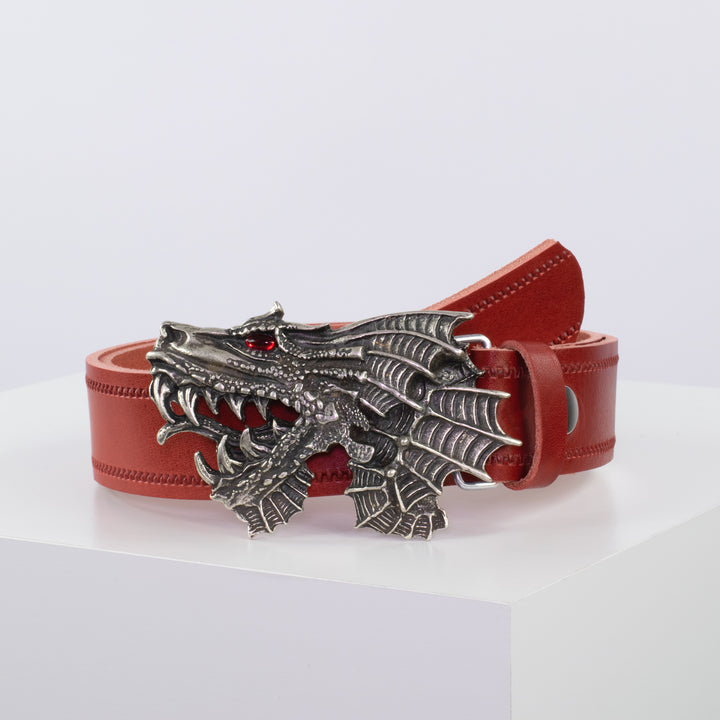 Ledergürtel 4cm mit Schnalle Drache rot Reißverschluss