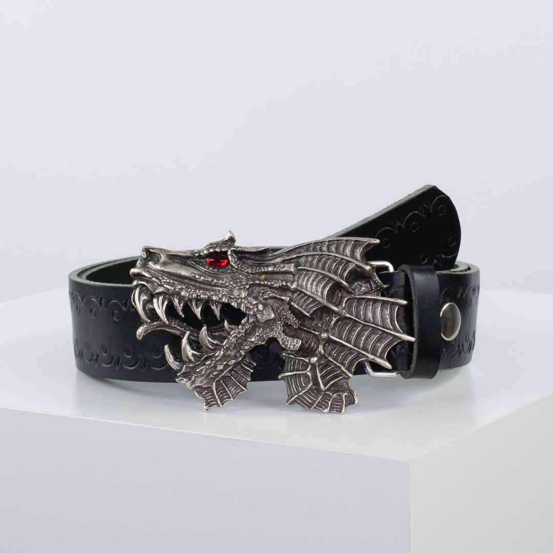 Ledergürtel 4cm mit Schnalle Drache schwarz Lochwelle