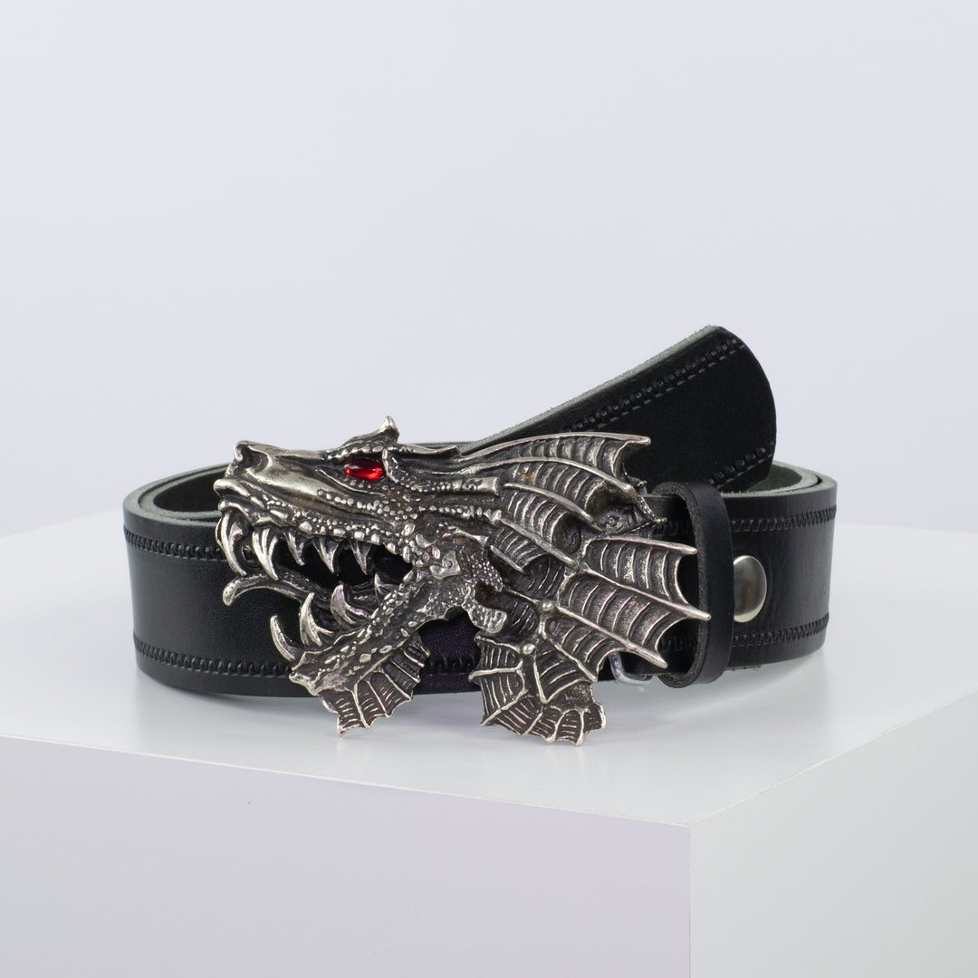 Ledergürtel 4cm mit Schnalle Drache schwarz Reißverschluss