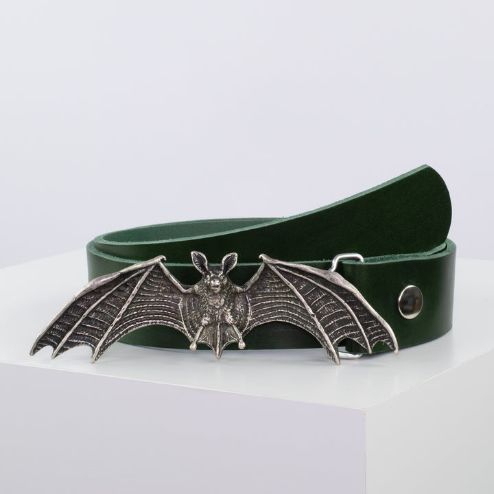 Ledergürtel 4cm mit Schnalle Fledermaus grün ohne Muster