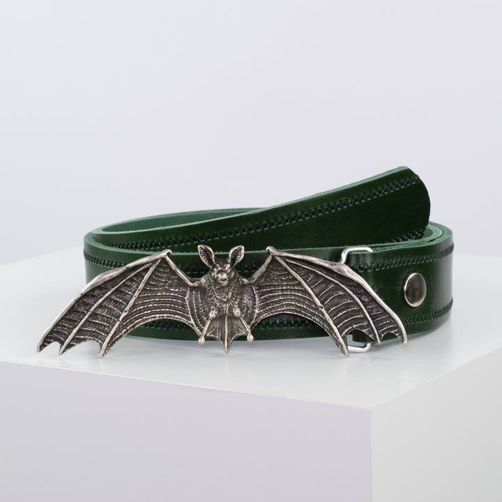 Ledergürtel 4cm mit Schnalle Fledermaus grün Reißverschluss