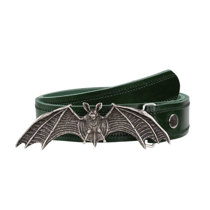 Ledergürtel 4cm mit Schnalle Fledermaus grün Reißverschluss
