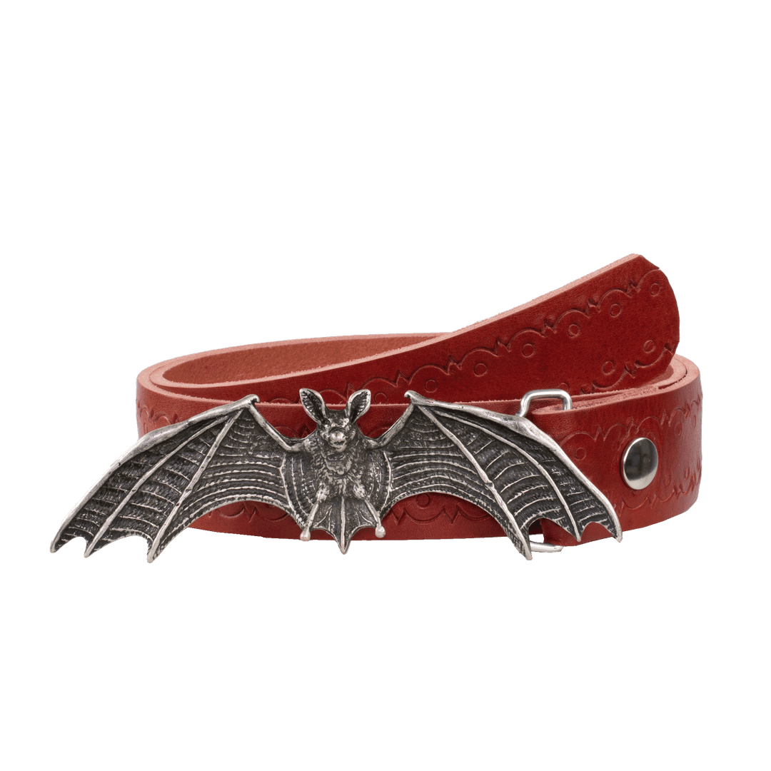 Ledergürtel 4cm mit Schnalle Fledermaus rot Lochwelle