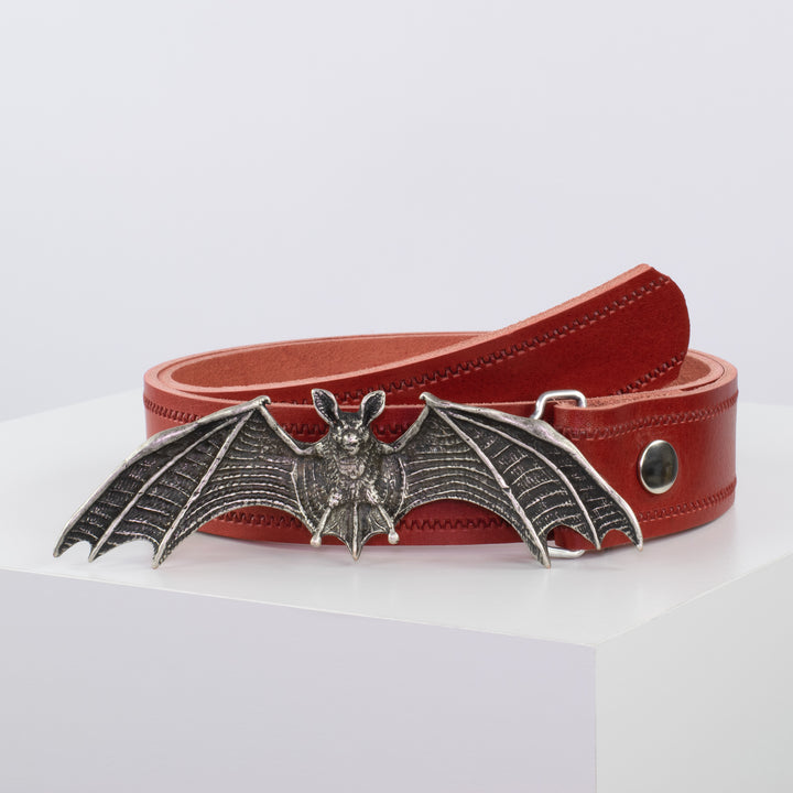 Ledergürtel 4cm mit Schnalle Fledermaus rot Reißverschluss