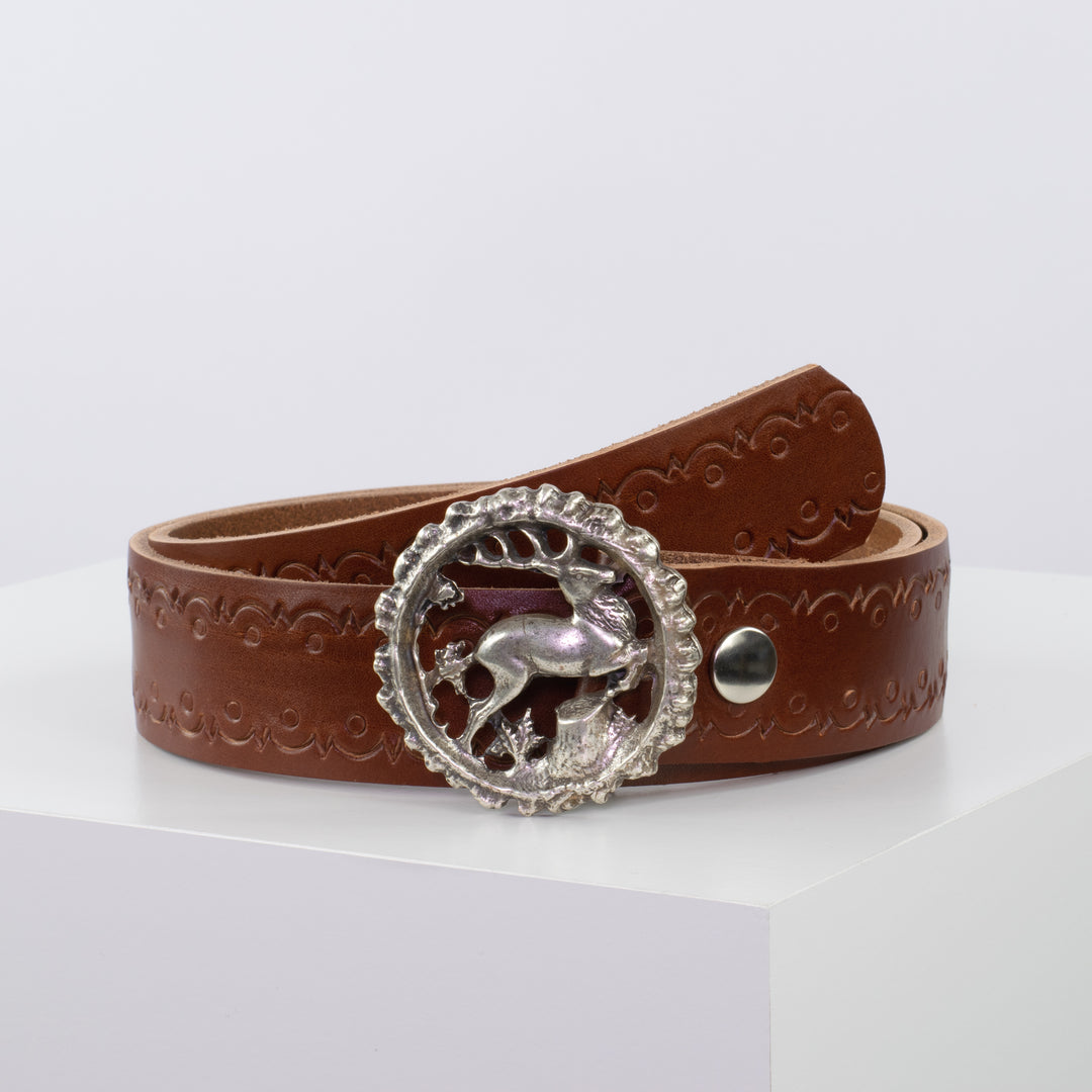 Ledergürtel 4cm mit Schnalle Hirsch cognac Lochwelle