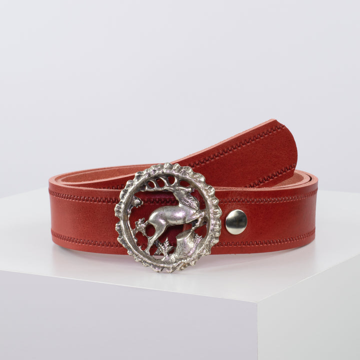 Ledergürtel 4cm mit Schnalle Hirsch rot Reißverschluss