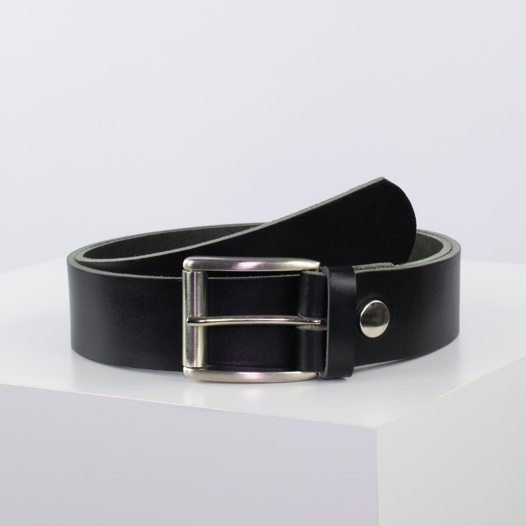 Ledergürtel 4cm mit Schnalle Amsterdam silber glänzend schwarz ohne Muster