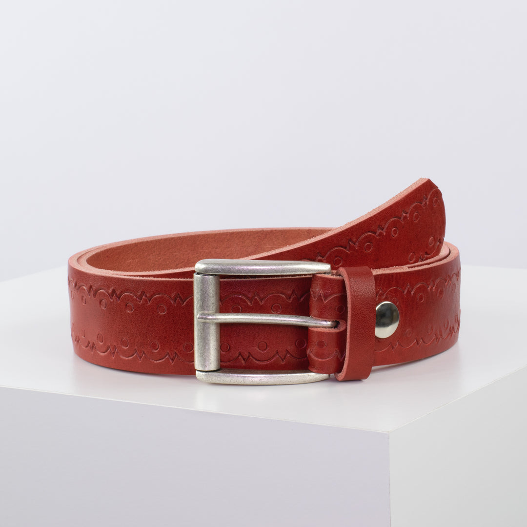 Ledergürtel 4cm mit Schnalle Amsterdam silber matt rot Lochwelle