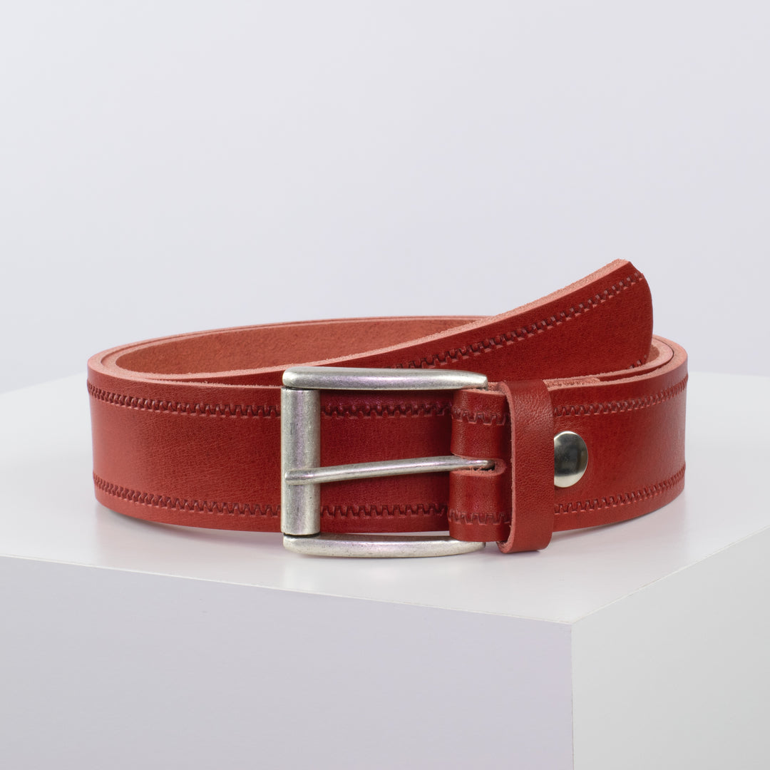 Ledergürtel 4cm mit Schnalle Amsterdam silber matt rot Reißverschluss