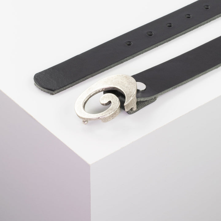 Ledergürtel 3cm mit Schnalle Schnecke silber matt schwarz ohne Muster