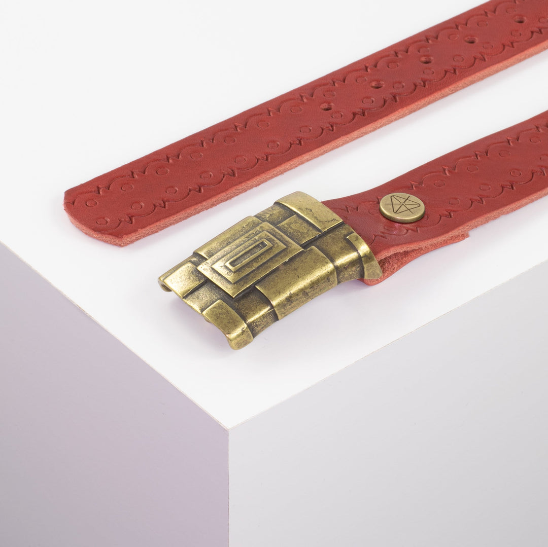 Ledergürtel 3,5cm mit Schnalle Athen messing rot Lochwelle