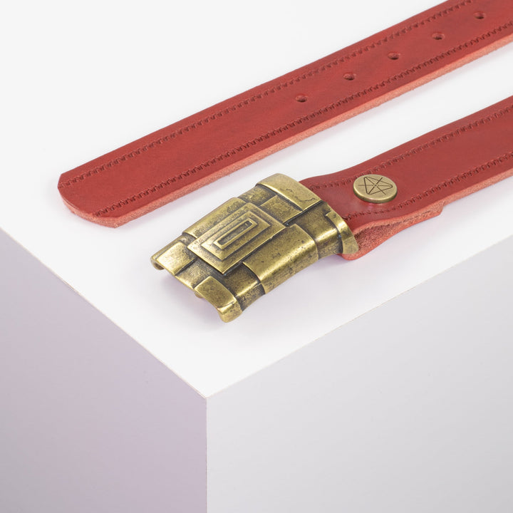 Ledergürtel 3,5cm mit Schnalle Athen messing rot Reißverschluss