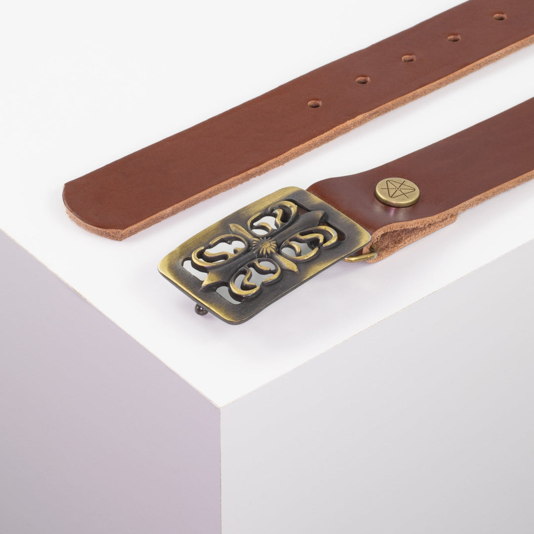 Ledergürtel 3,5cm mit Schnalle Ritter messing cognac ohne Muster