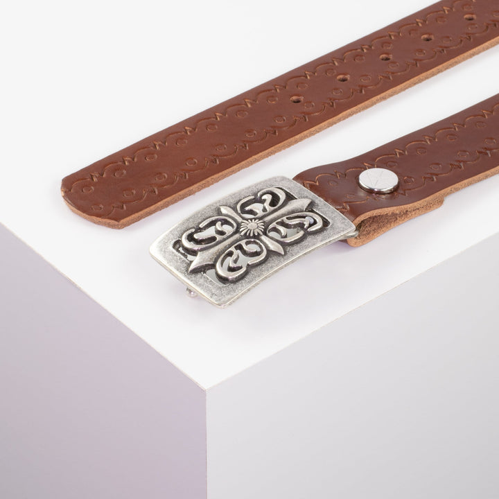 Ledergürtel 3,5cm mit Schnalle Ritter silber cognac Lochwelle