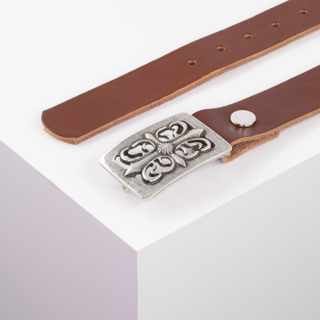 Ledergürtel 3,5cm mit Schnalle Ritter silber cognac ohne Muster