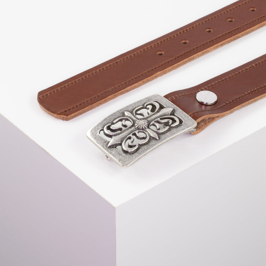 Ledergürtel 3,5cm mit Schnalle Ritter silber cognac Reißverschluss