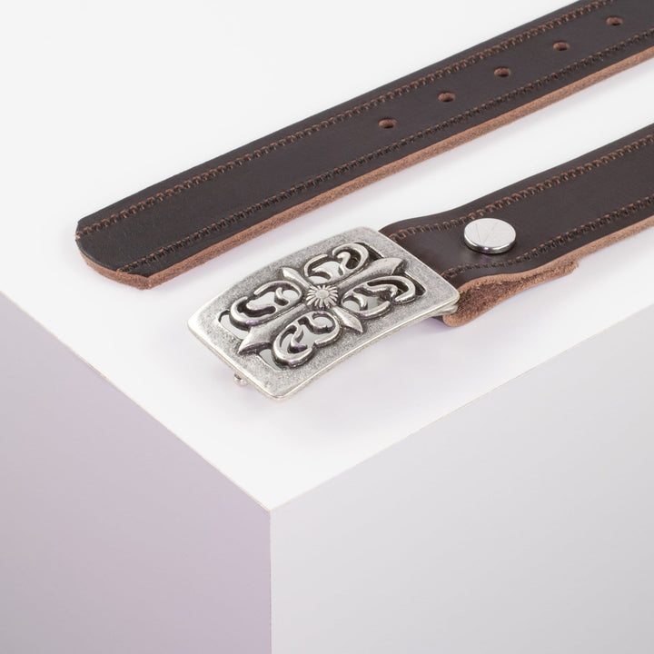 Ledergürtel 3,5cm mit Schnalle Ritter silber dunkelbraun Reißverschluss