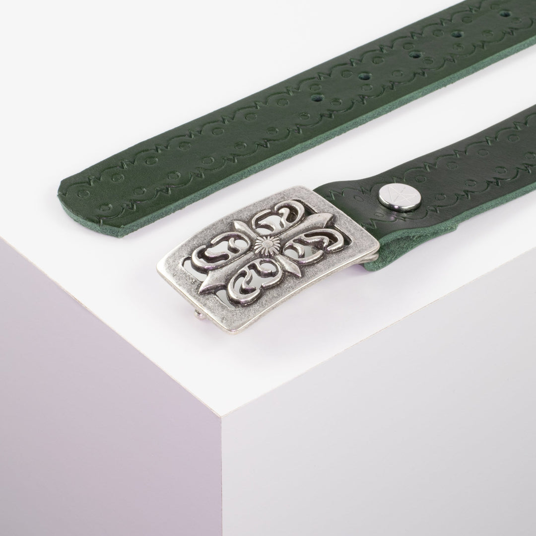 Ledergürtel 3,5cm mit Schnalle Ritter silber grün Lochwelle
