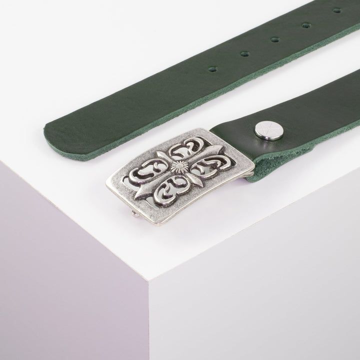 Ledergürtel 3,5cm mit Schnalle Ritter silber grün ohne Muster