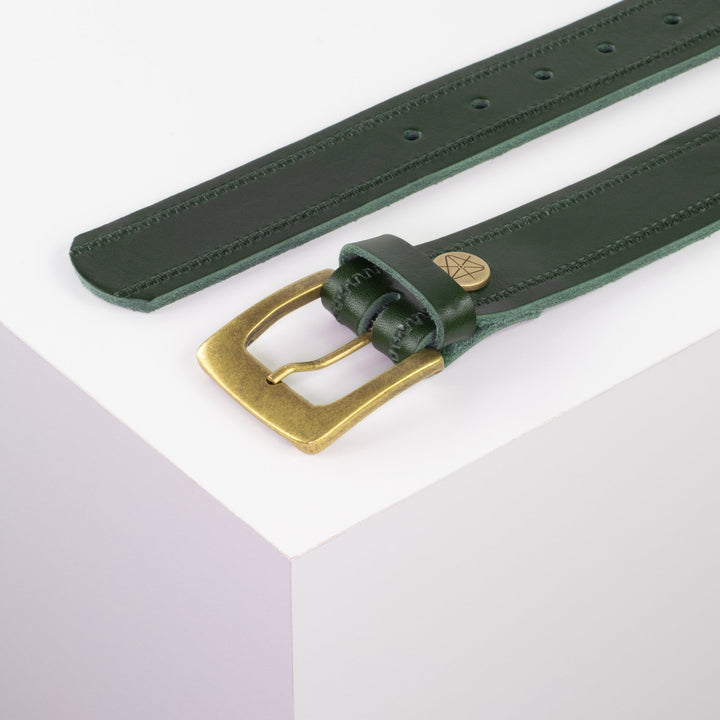 Ledergürtel 3,5cm mit Schnalle Madrid messing grün Reißverschluss