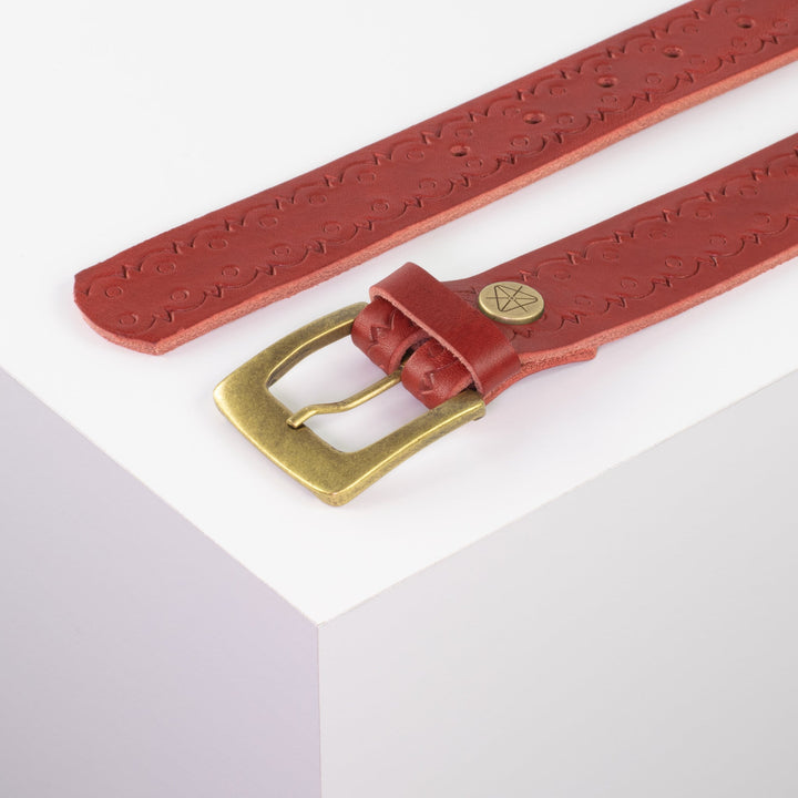 Ledergürtel 3,5cm mit Schnalle Madrid messing rot Lochwelle