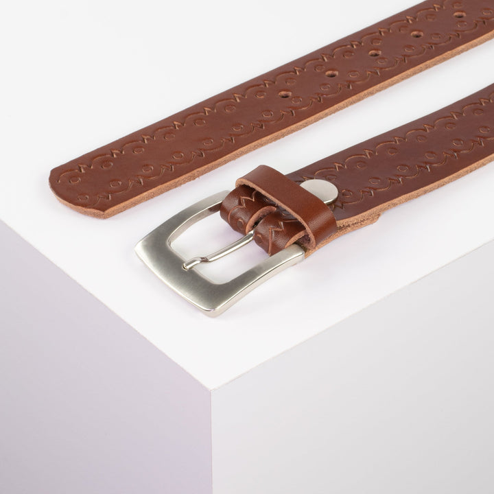 Ledergürtel 3,5cm mit Schnalle Madrid silber glänzend cognac Lochwelle