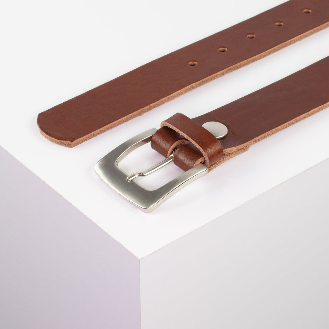 Ledergürtel 3,5cm mit Schnalle Madrid silber glänzend cognac ohne Muster