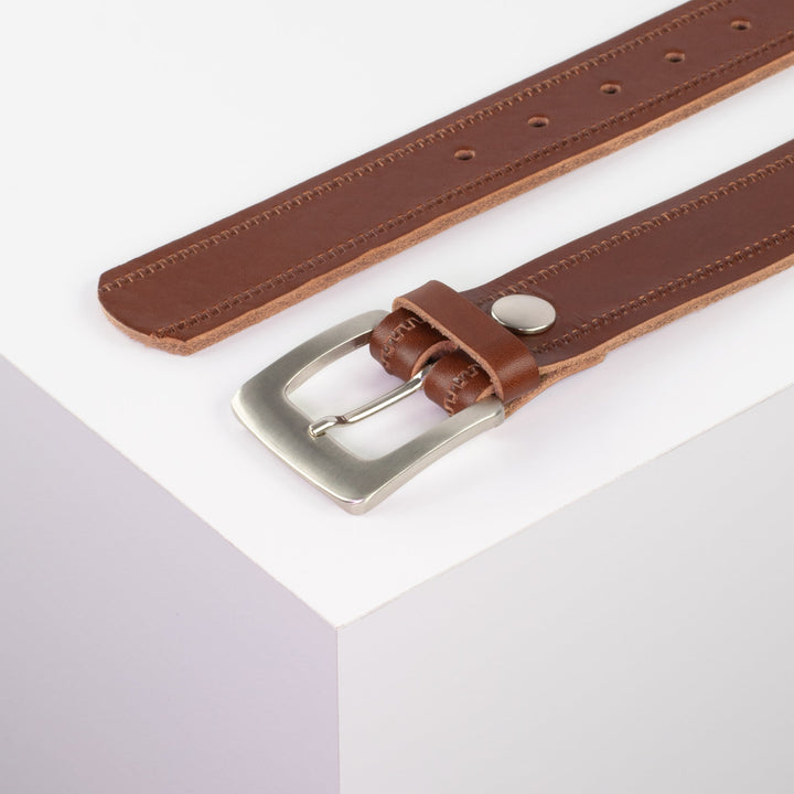 Ledergürtel 3,5cm mit Schnalle Madrid silber glänzend cognac Reißverschluss