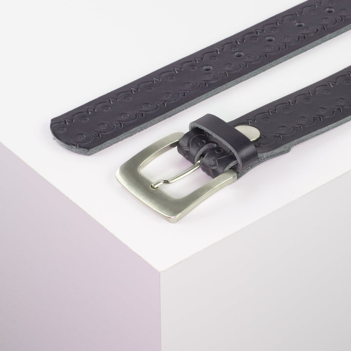 Ledergürtel 3,5cm mit Schnalle Madrid silber glänzend navi Lochwelle