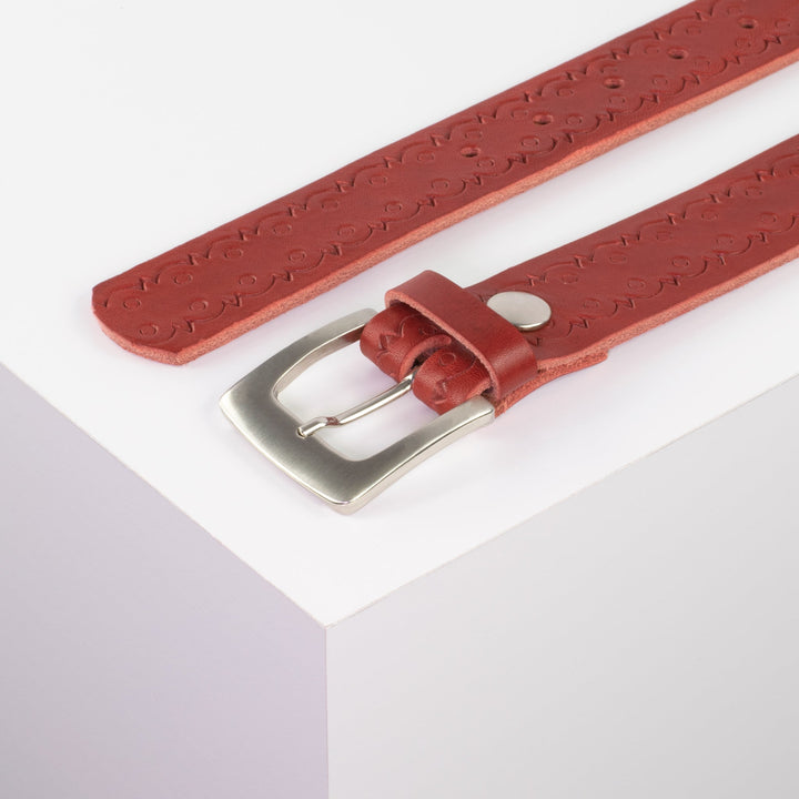 Ledergürtel 3,5cm mit Schnalle Madrid silber glänzend rot Lochwelle