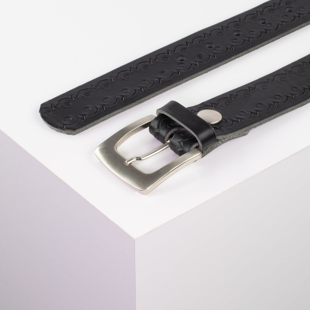 Ledergürtel 3,5cm mit Schnalle Madrid silber glänzend schwarz Lochwelle