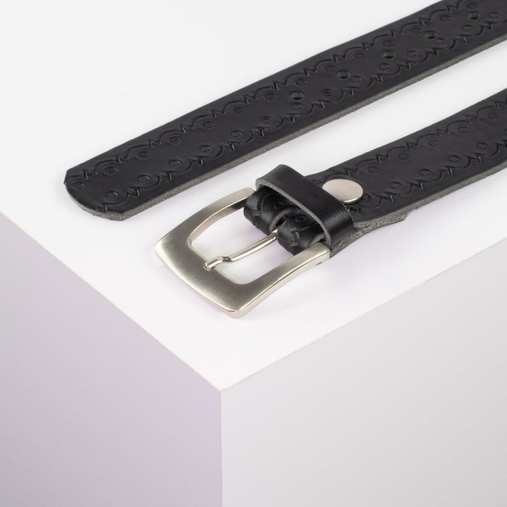 Ledergürtel 3,5cm mit Schnalle Madrid silber glänzend schwarz Lochwelle