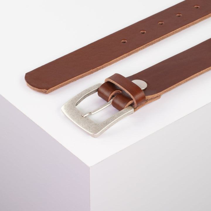 Ledergürtel 3,5cm mit Schnalle Madrid silber matt cognac ohne Muster