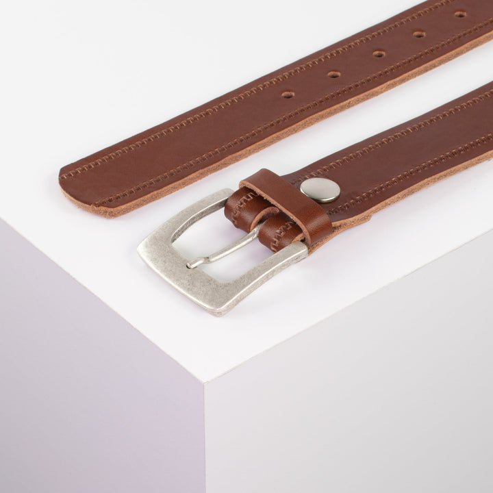 Ledergürtel 3,5cm mit Schnalle Madrid silber matt cognac Reißverschluss