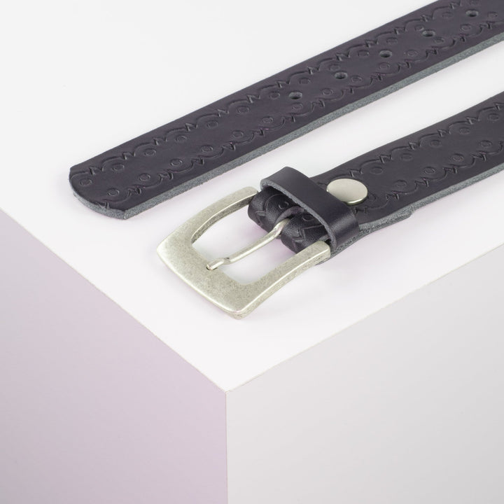 Ledergürtel 3,5cm mit Schnalle Madrid silber matt navi Lochwelle