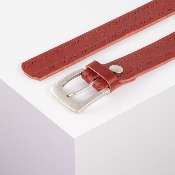 Ledergürtel 3,5cm mit Schnalle Madrid silber matt rot Lochwelle