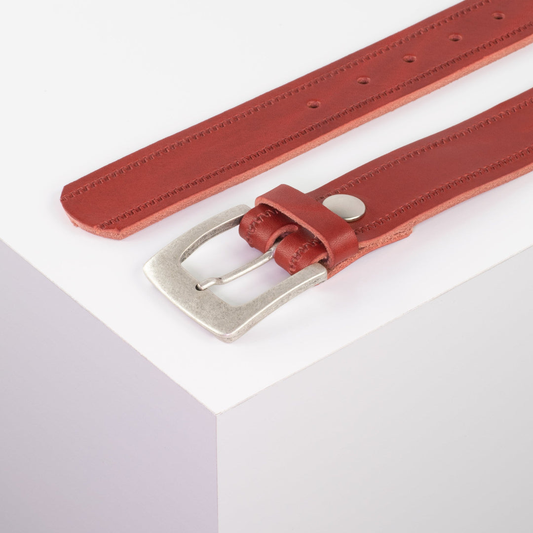 Ledergürtel 3,5cm mit Schnalle Madrid silber matt rot Reißverschluss