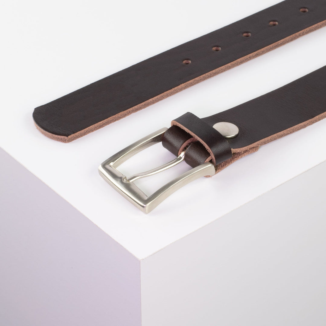 Ledergürtel 3,5cm mit Schnalle Toronto silber dunkelbraun ohne Muster