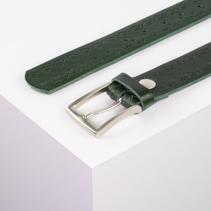 Ledergürtel 3,5cm mit Schnalle Toronto silber grün Lochwelle
