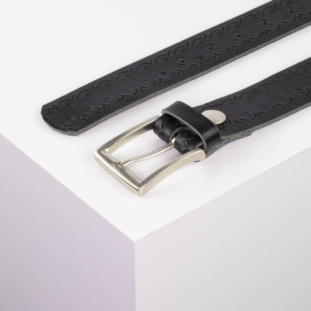 Ledergürtel 3,5cm mit Schnalle Toronto silber schwarz Lochwelle
