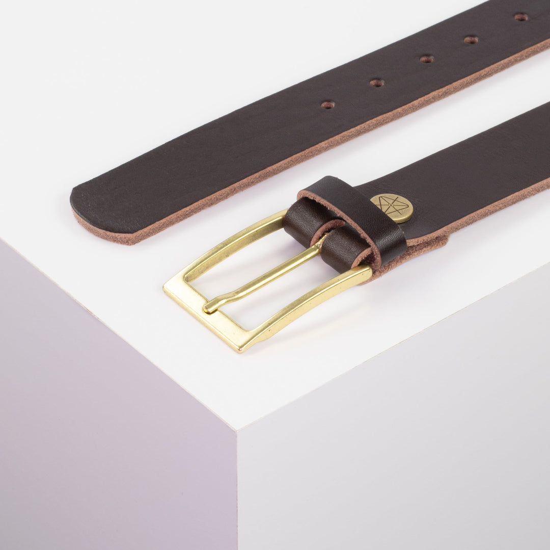 Ledergürtel 3,5cm mit Schnalle Verona gold dunkelbraun ohne Muster